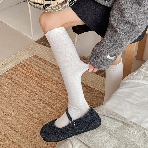 Women Slouch Socks Cotton Blend Ribbed Knit Solid Color Breathable Japanese Style Compression Mid Calf Stockings