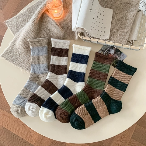 Damen Wollmischung Gestreifte Crew Socken Grobstrick Warm Dick Vintage Gerippt Wadenhoch