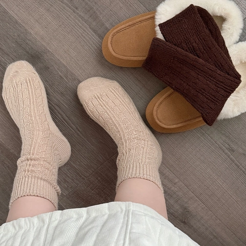 Calcetines De Lana Para Mujer Punto De Torsión Engrosados Térmicos Media Pantorrilla Color Sólido Estilo Vintage Suave Transpirable Moda Japonesa