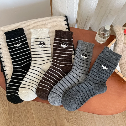 Women Mid-Calf Socks Striped Wool Blend Cartoon Embroidery Ruffle Lettuce Edge Soft Warm Japanese Style