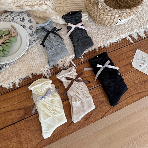 Ballet Ribbon Bow Slouch Socks Cotton Knit Sweet Japanese Style Mid Calf Fashionable Breathable Solid Color Women