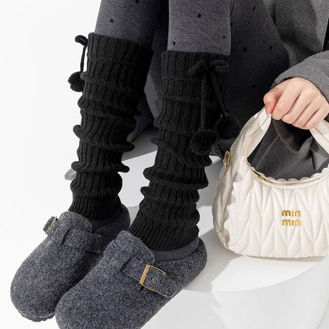 Calentadores De Punto Acrílico Pom Pom Cordón Acanalado Lolita Y2K Calcetines Cálidos Invierno Mujeres