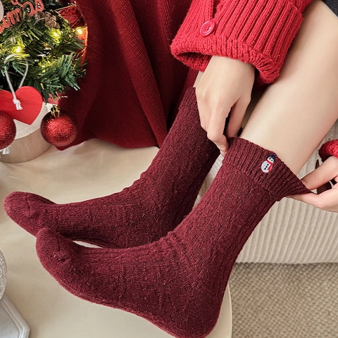 Christmas Embroidery Mid Tube Socks Wool Blend Thick Warm Thermal Winter Slouch Hosiery Women Cute Festive