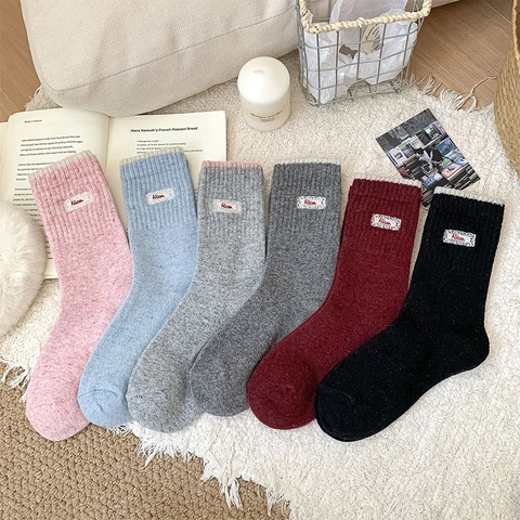 Women Mid Calf Socks Wool Blend Knit Thickened Warm Korean Sweet Style Ribbed Cuff Letter Embroidery Patch Fashion