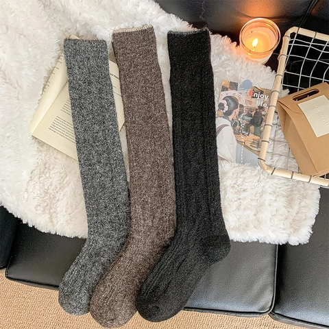 Calcetines Altos Mujer Punto Grueso Cálido Invierno Sobre La Rodilla Medias Largas Punto Trenzado Color Sólido