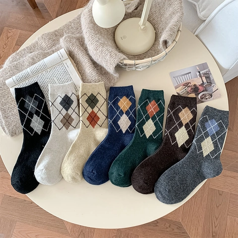 Calze Al Polpaccio Argyle Misto Lana Donna Calde Invernali Stile Britannico Vintage Maglia
