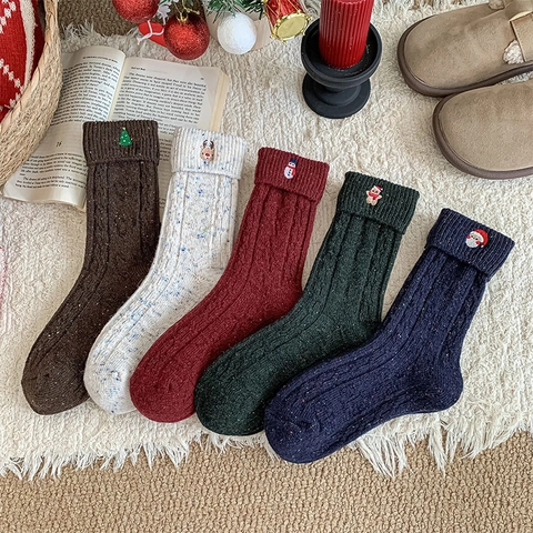 Christmas Embroidery Mid Tube Socks Wool Blend Thick Warm Thermal Winter Slouch Hosiery Women Cute Festive