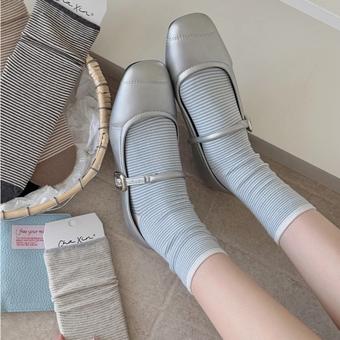 Calze A Righe Da Donna Misto Cotone Traspirante Al Polpaccio Stile Preppy Coreano Calze Alla Moda