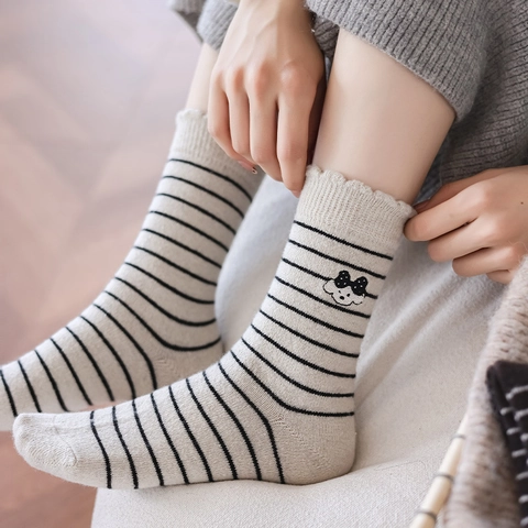 Women Mid-Calf Socks Striped Wool Blend Cartoon Embroidery Ruffle Lettuce Edge Soft Warm Japanese Style