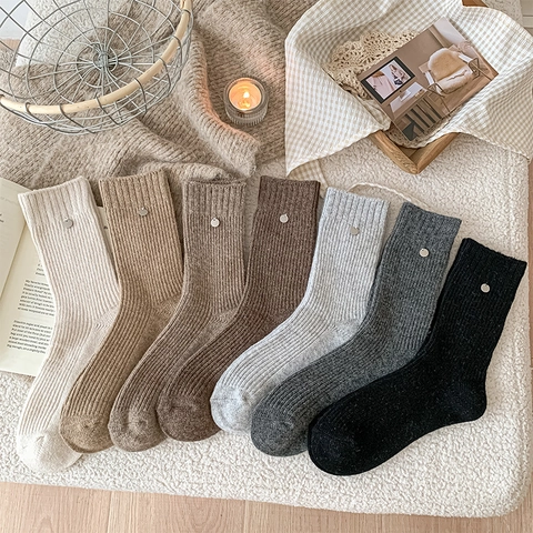 Women Wool Blend Ribbed Mid Calf Socks Thick Warm Winter Slouch Socks Metal Button Decor Solid Color Japanese Style