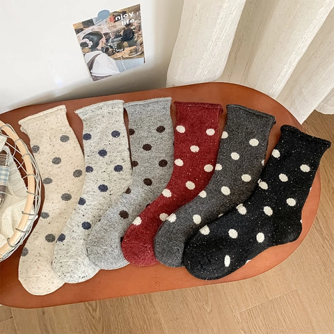 Polka Dot Wollmischung Slouch Socken Dick Warm Winter Herbst Retro Wadenhoch Strumpfwaren Koreanischer Stil Damen