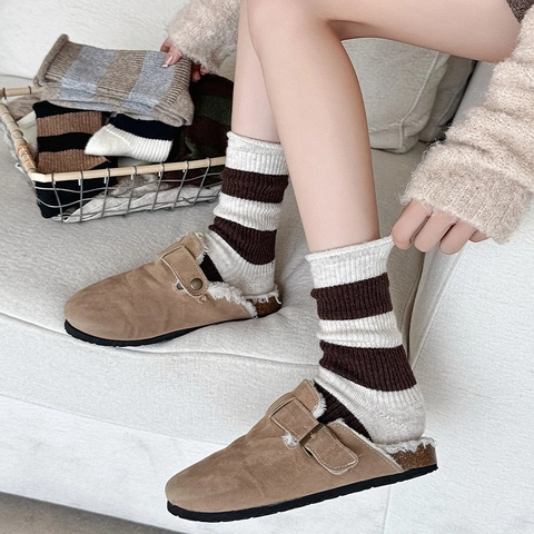 Damen Wollmischung Gestreifte Crew Socken Grobstrick Warm Dick Vintage Gerippt Wadenhoch