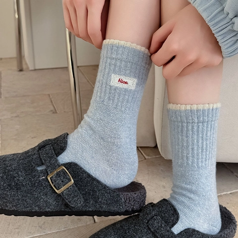 Women Mid Calf Socks Wool Blend Knit Thickened Warm Korean Sweet Style Ribbed Cuff Letter Embroidery Patch Fashion
