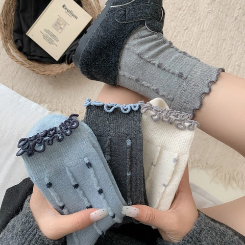 Women Crew Socks Wool Blend Polka Dot Vertical Stripes Ruffle Cuff Japanese Style Sweet Vintage Autumn Winter Warm