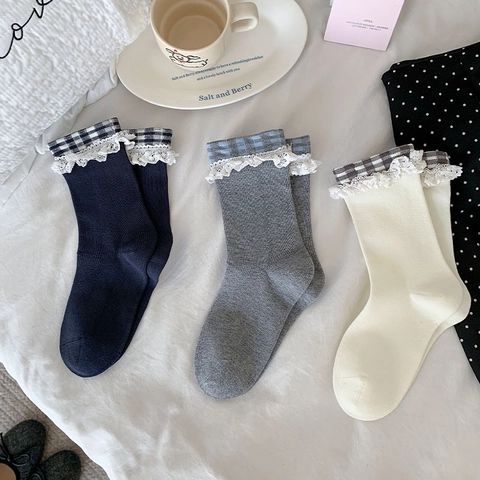 Calze Slouchy Donne Cotone Polsino Quadri Pizzo Volant Stile JK Giapponese Dolce College Ragazze