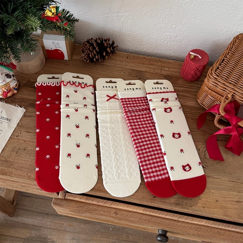 Women Cotton Mid Calf Socks Ruffle Cuff Floral Plaid Bow Cartoon Animal Japanese Style Kawaii Breathable Autumn Winter
