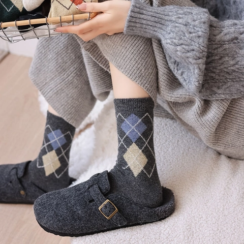Calze Al Polpaccio Argyle Misto Lana Donna Calde Invernali Stile Britannico Vintage Maglia
