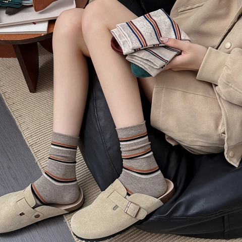 Women Cotton Striped Mid Calf Socks Retro Japanese Style Breathable Comfortable Soft Casual Hosiery