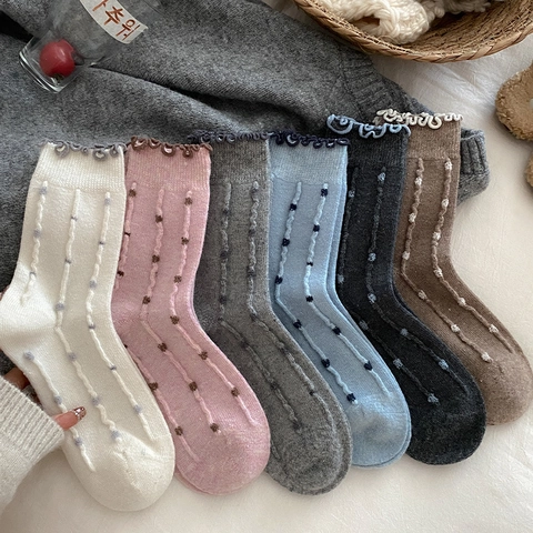 Women Crew Socks Wool Blend Polka Dot Vertical Stripes Ruffle Cuff Japanese Style Sweet Vintage Autumn Winter Warm