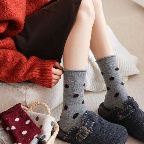 Polka Dot Wollmischung Slouch Socken Dick Warm Winter Herbst Retro Wadenhoch Strumpfwaren Koreanischer Stil Damen
