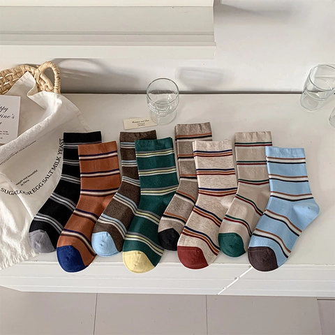 Women Cotton Striped Mid Calf Socks Retro Japanese Style Breathable Comfortable Soft Casual Hosiery