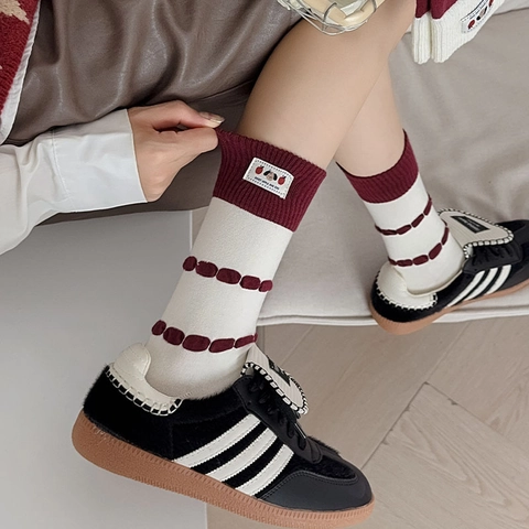 Calze Al Polpaccio In Cotone Da Donna Vintage Righe Contrasto Colore Bordo Volant Simpatico Patch Calzini Alla Moda