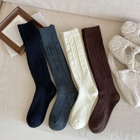 Women Calf High Socks Knit Nylon Rhombic Vertical Stripe Japanese JK Style Warm Thick Autumn Winter Accessory