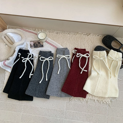 Knitted Leg Warmers Ribbed Acrylic Bow Tie Balletcore Japanese Style Solid Color Winter Warm Accessories For Women