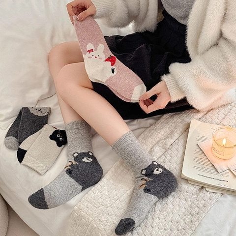 Calze Al Polpaccio Donna Calde Misto Lana Jacquard Motivo Animali Cartoni Animati Fragola Dolce Kawaii Stile Scolastico