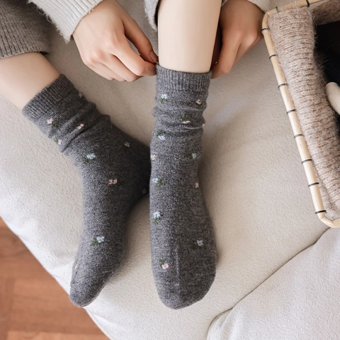 Calcetines Slouch Para Mujer Mezcla De Lana Retro Bordado Floral Punto Térmico Vintage Invierno Dulce