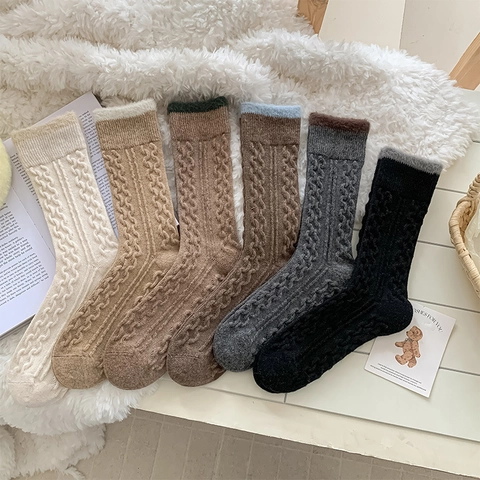 Damen Vintage Zopfmuster Crew Socken Wollmischung Verdickt Warm Farblock Patchwork Manschette Wadenhoch Winter Socken