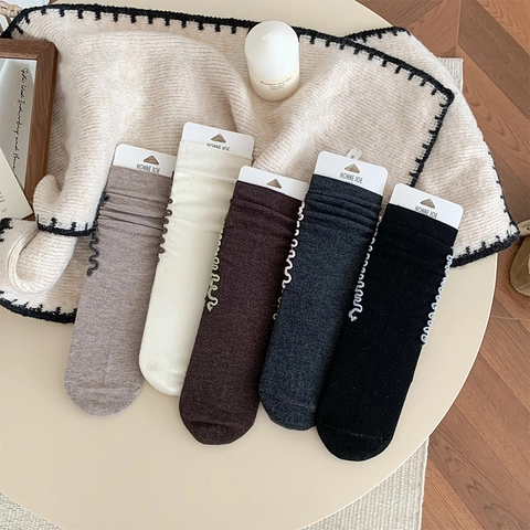 Calze Donna Misto Lana Crew Bordo Volant Stile Ragazza Dolce Maglia Costine Caldo Autunno Inverno Moda