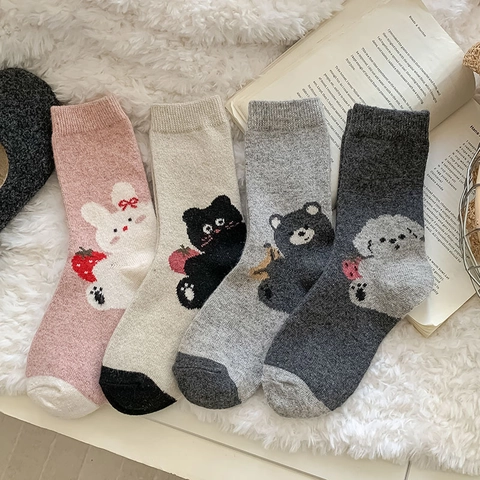 Calze Al Polpaccio Donna Calde Misto Lana Jacquard Motivo Animali Cartoni Animati Fragola Dolce Kawaii Stile Scolastico