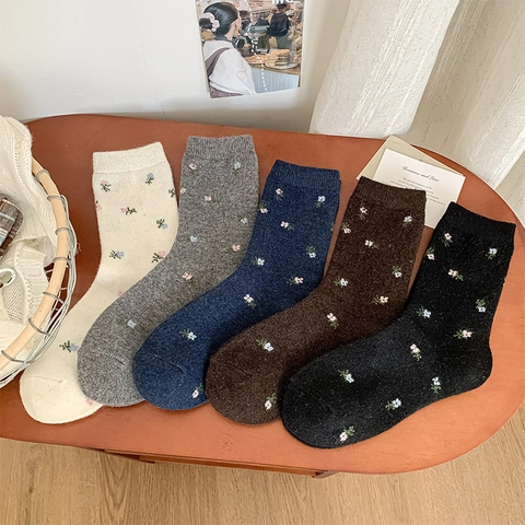 Calcetines Slouch Para Mujer Mezcla De Lana Retro Bordado Floral Punto Térmico Vintage Invierno Dulce