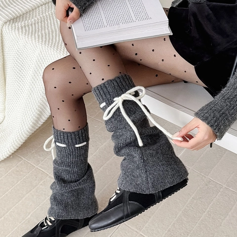 Knitted Leg Warmers Ribbed Acrylic Bow Tie Balletcore Japanese Style Solid Color Winter Warm Accessories For Women