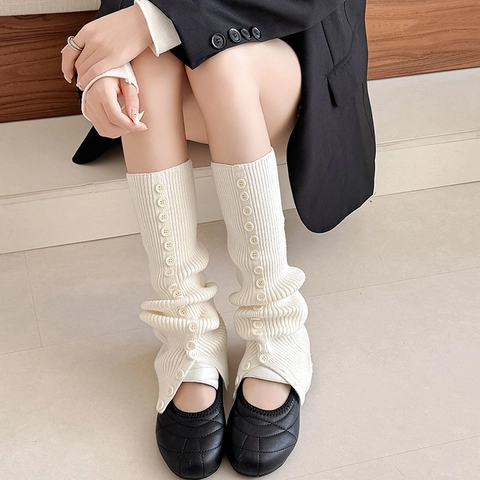 Women Leg Warmers Button Side Ribbed Knit Slit Slouch Socks Japanese JK Style Preppy Winter Warm Acrylic