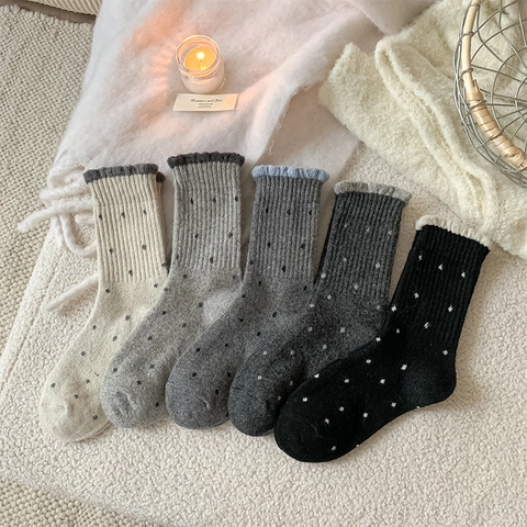 Women Polka Dot Mid-Calf Socks Wool Polyester Blend Knit Scalloped Edge Lettuce Trim Warm Winter