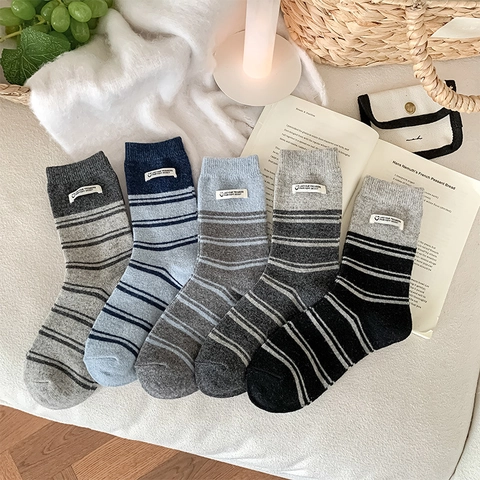 Calze A Righe Da Donna Spesse Calde Misto Lana In Maglia Con Etichetta Stile Streetwear Casual