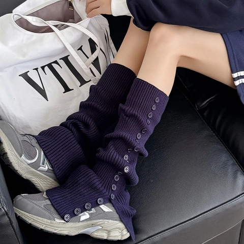 Calentadores Pierna Mujer Botones Punto Canalé Abertura Calcetines Estilo JK Japonés Preppy Invierno Cálido Acrílico