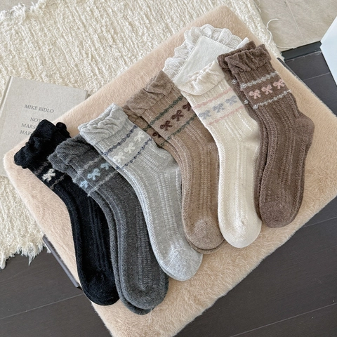 Damen Wadenlange Socken Wollmischung Warm Dick Winter Herbst Retro Schleifenmuster Spitze Rüschensaum Lässig Modisch