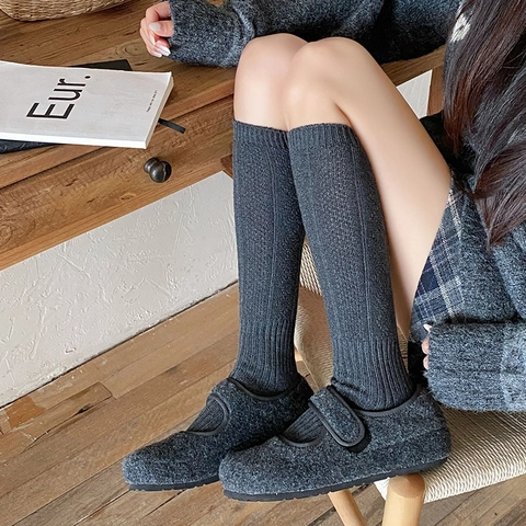 Women Calf High Socks Knit Nylon Rhombic Vertical Stripe Japanese JK Style Warm Thick Autumn Winter Accessory