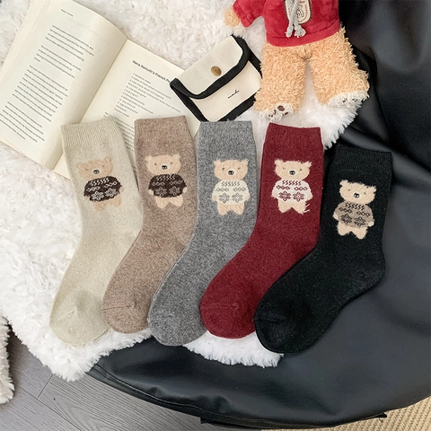 Women Wool Blend Knitted Crew Socks Cartoon Bear Jacquard Thickened Warm Japanese Preppy Style Winter Mid Calf Hosiery