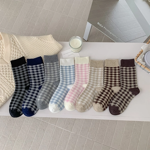 Women Plaid Mid-Calf Crew Socks Cotton Knit Breathable Sweat Absorbent Japanese Preppy Style Sweet Girls Checkered