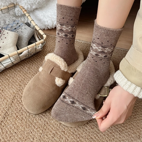 Calze Equipaggio Misto Lana Donna Spesse Calde Nordico Fair Isle Fiocco Di Neve Jacquard Retro Etnico