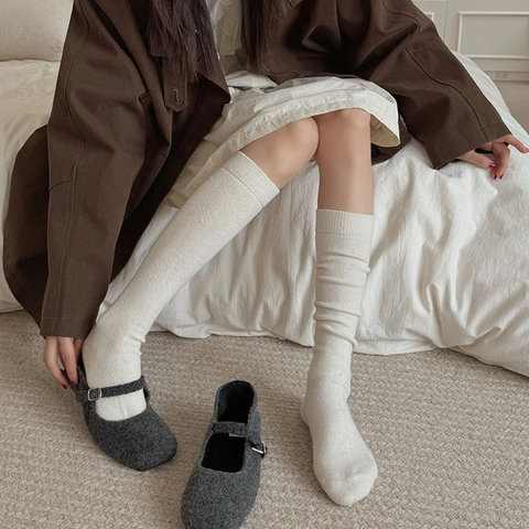 Women Slouch Socks Wool Blend Thick Warm Winter Ribbed Knit Knee High Retro Academic Style Solid Color