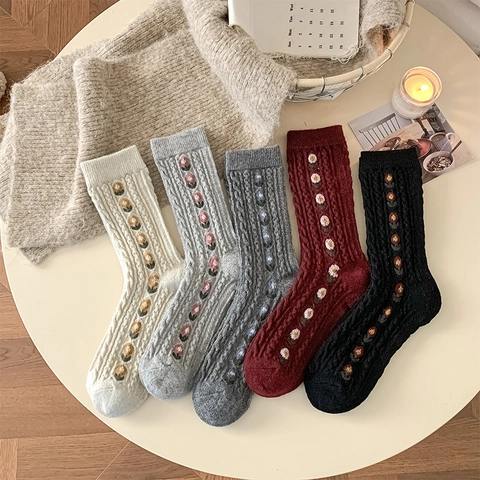 Calze Slouch Donna Inverno Caldo Misto Lana Maglia A Trecce Vintage Ricamo Floreale Crew