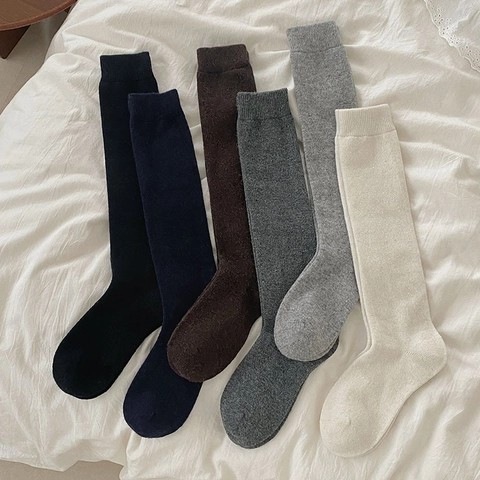 Women Slouch Socks Wool Blend Thick Warm Winter Ribbed Knit Knee High Retro Academic Style Solid Color