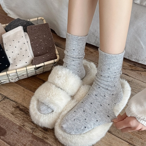 Chaussettes Mi-Mollet À Pois Mélange De Laine Chaudes Épaisses Hiver Pour Femmes Style Japonais Rétro Tricoté