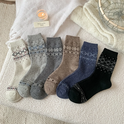 Calze Equipaggio Misto Lana Donna Spesse Calde Nordico Fair Isle Fiocco Di Neve Jacquard Retro Etnico