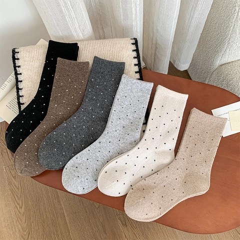 Chaussettes Mi-Mollet À Pois Mélange De Laine Chaudes Épaisses Hiver Pour Femmes Style Japonais Rétro Tricoté